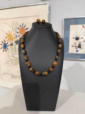 Tiger Eye Bead Necklace and Stud Earrings - Brown Jewelry Set